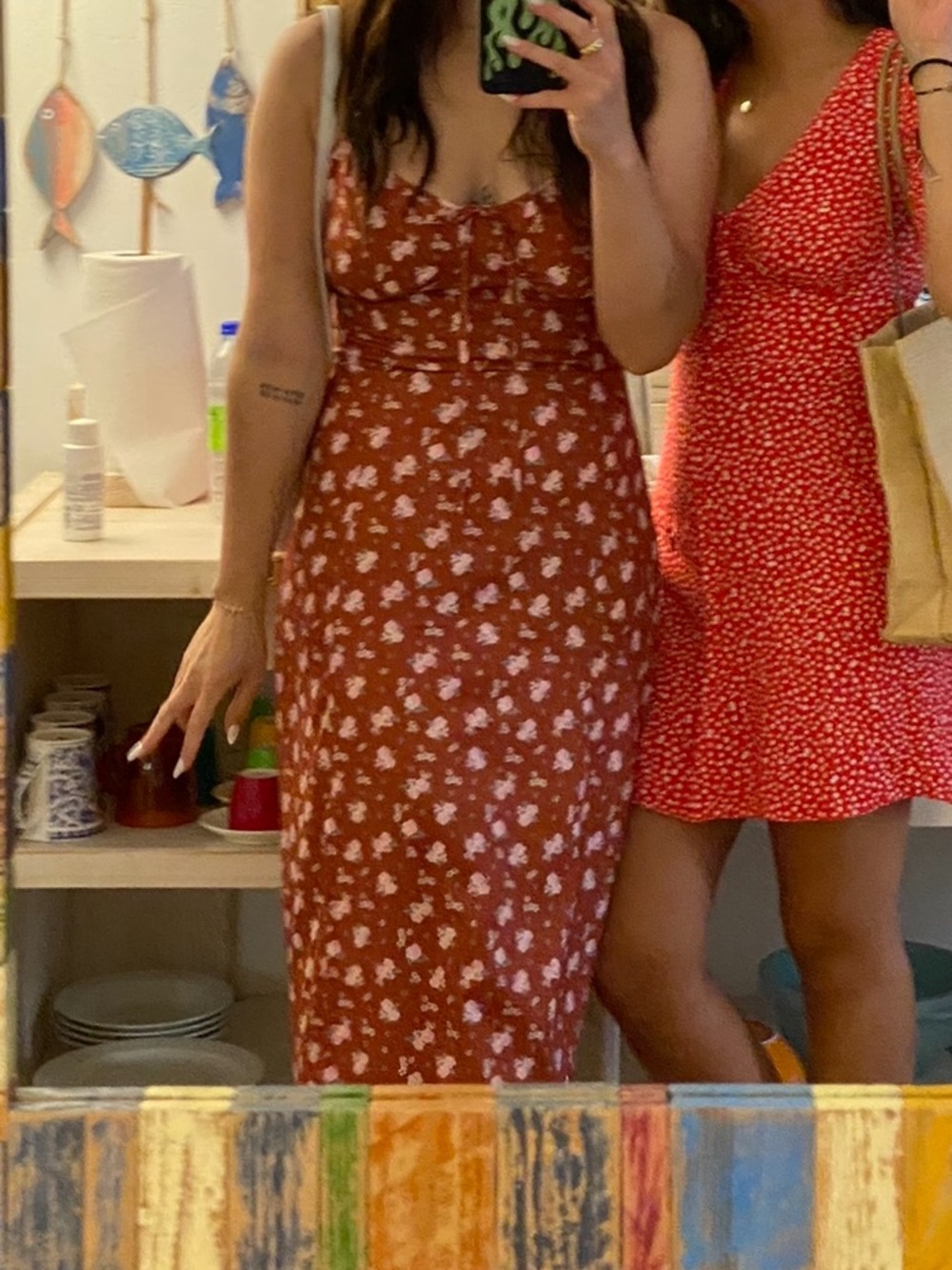 Rust Floral Midi Dress with Sweetheart Neckline